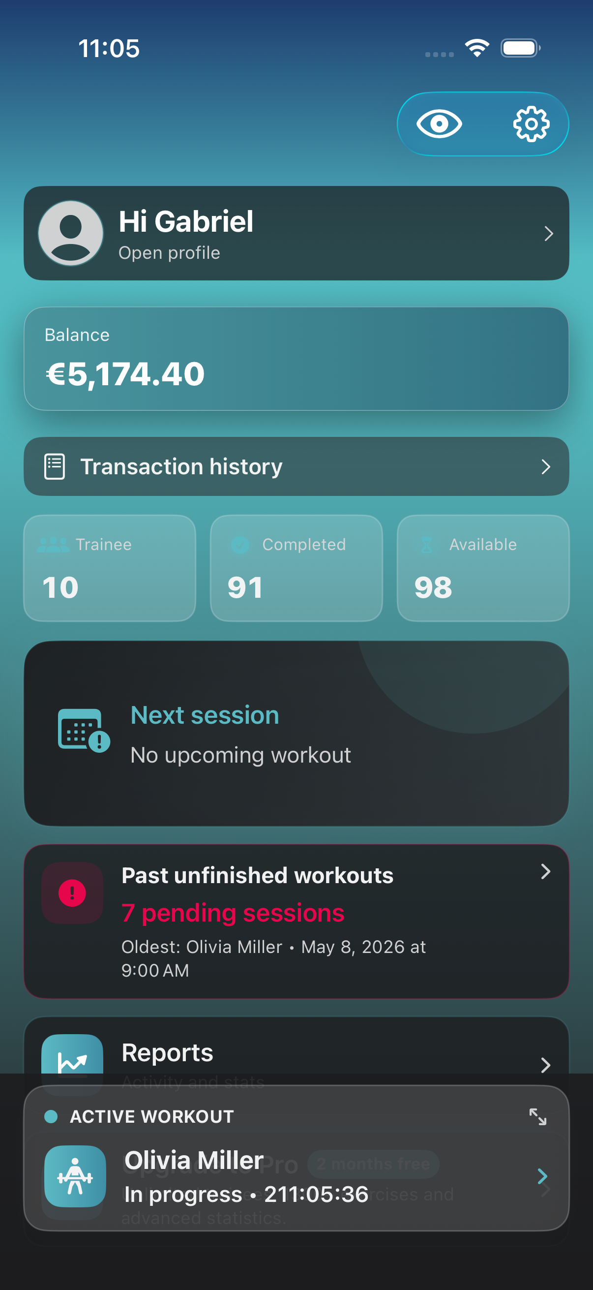 CoachAssist dashboard with active workout