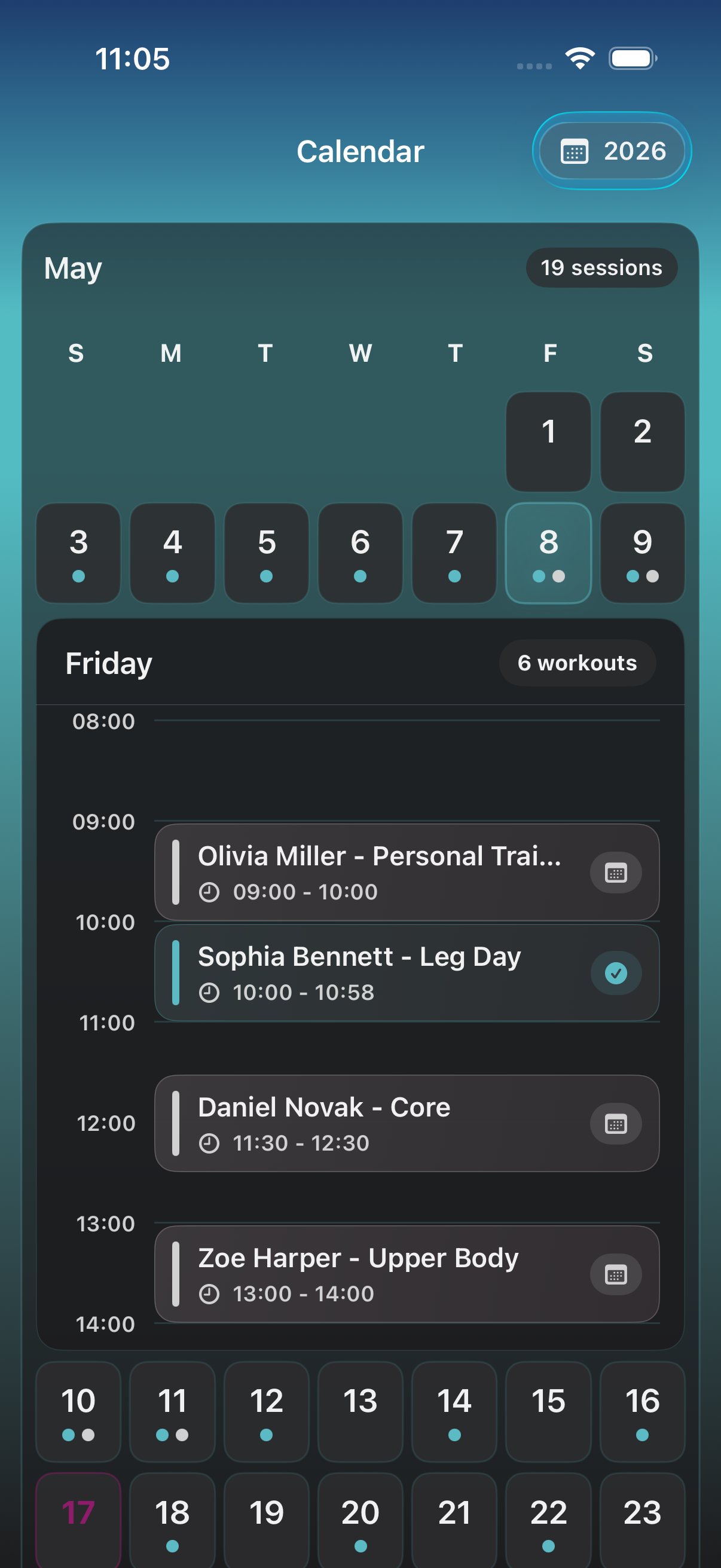 CoachAssist calendar and day timeline