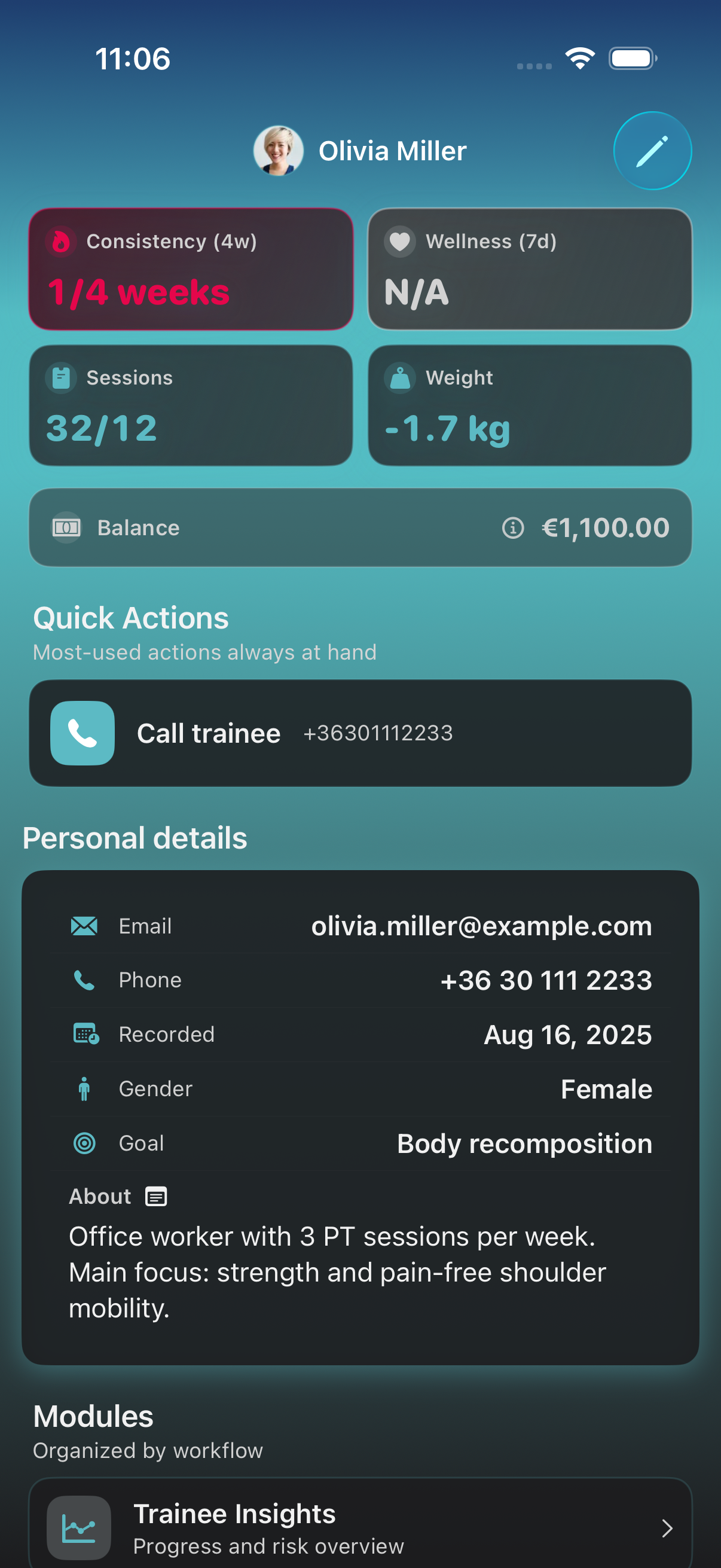 Trainee details and quick actions