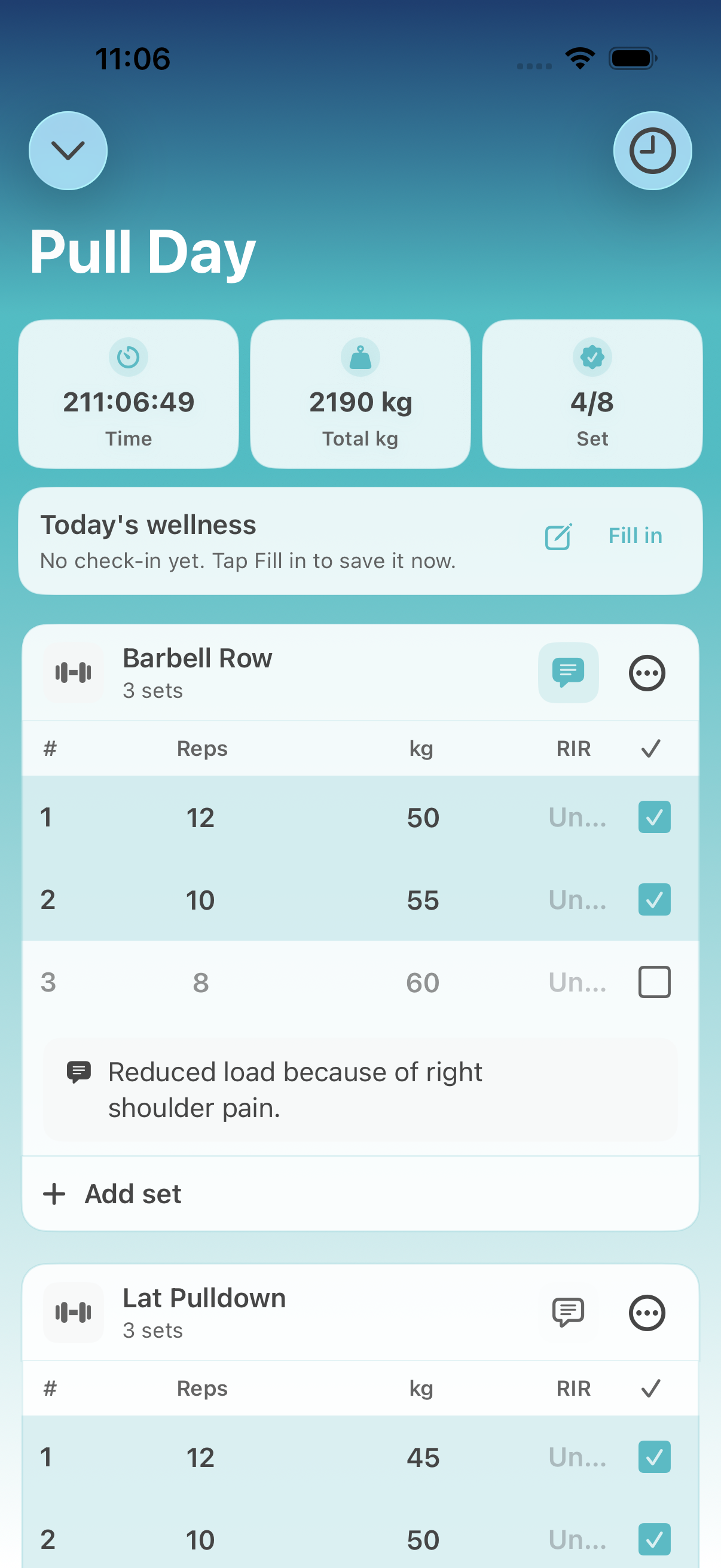 Workout in progress with sets table